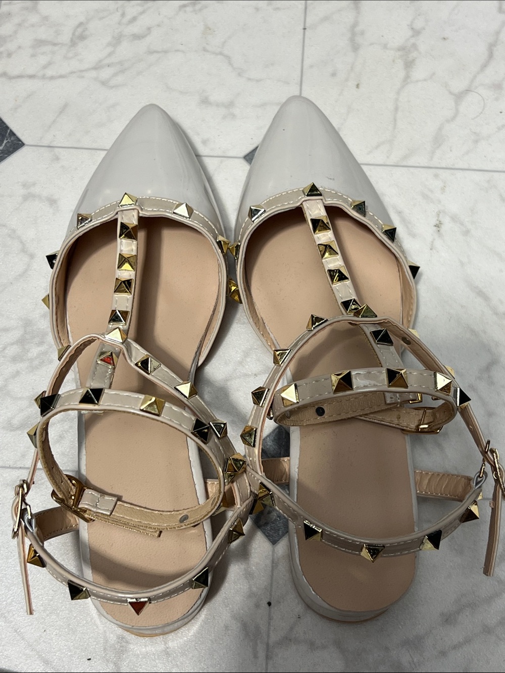 SHEIN White Pointed T-Strap Studded Flats